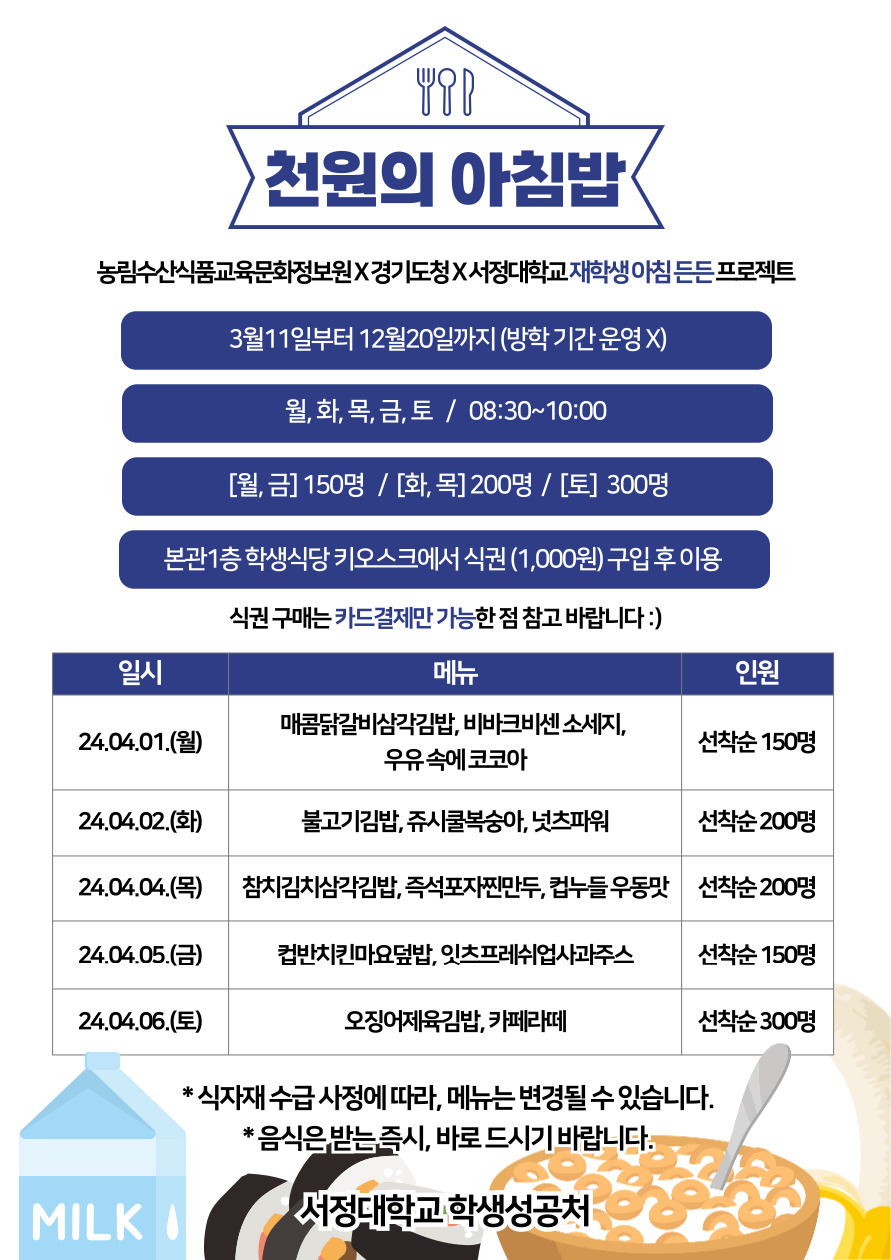 24.04.01.(월) : 매콤닭갈비삼각김밥, 비바크비센 소세지바, 우유속에코코아  24.04.02.(화) : 불고기김밥, 쥬시쿨복숭아, 넛츠파워  24.04.04.(목) : 참치김치삼각김밥, 즉석포자찐만두, 컵누들우동맛  24.04.05.(금) : 컵반치킨마요덮밥, 잇츠프레쉬업사과주스  24.04.06.(토) :  오징어제육김밥, 카페라떼