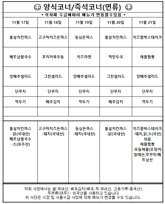11월17일(월) 통살치킨까스 베트남쌀국수 양배추샐러드 단무지 깍두기  원산지는 통살치킨까스-닭(국내산) 베트남쌀국수-소(호주산)  11월18일(화) 고구마치즈돈까스 꼬치어묵우동 그린샐러드 단무지 배추김치  원산지는 고구마치즈돈까스-돼지(국내산)  11월19일(수) 등심돈까스 치즈라면 양배추샐러드 단무지 깍두기  원산지는 등심돈까스-돼지(국내산)  11월20일(목) 통살치킨까스 떡만두국 그린샐러드 단무지 배추김치   원산지는 통살치킨까스-닭(국내산)  11월21일(금) 치즈함박스테이크 해물짬뽕 양배추샐러드 단무지 깍두기  원산지는 치즈함박스테이크-돼지,닭,소(국산)섞음 해물짬뽕-모듬해물(오징어:칠레산, 쭈꾸미: 베트남산)