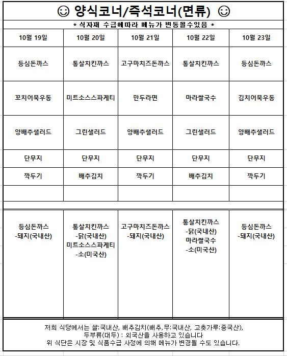 양식코너와 즉석코너 면류 주간식단표. 10월 19일 등심돈까스, 꼬치어묵우동. 10월 20일 통살치킨까스, 미트소스스파게티. 10월 21일 고구마치즈돈까스, 만두라면. 10월 22일 통살치킨까스, 마라쌀국수. 10월 23일 등심돈까스, 김치어묵우동. 공통으로 양배추샐러드 또는 그린샐러드, 단무지, 깍두기 또는 배추김치 제공